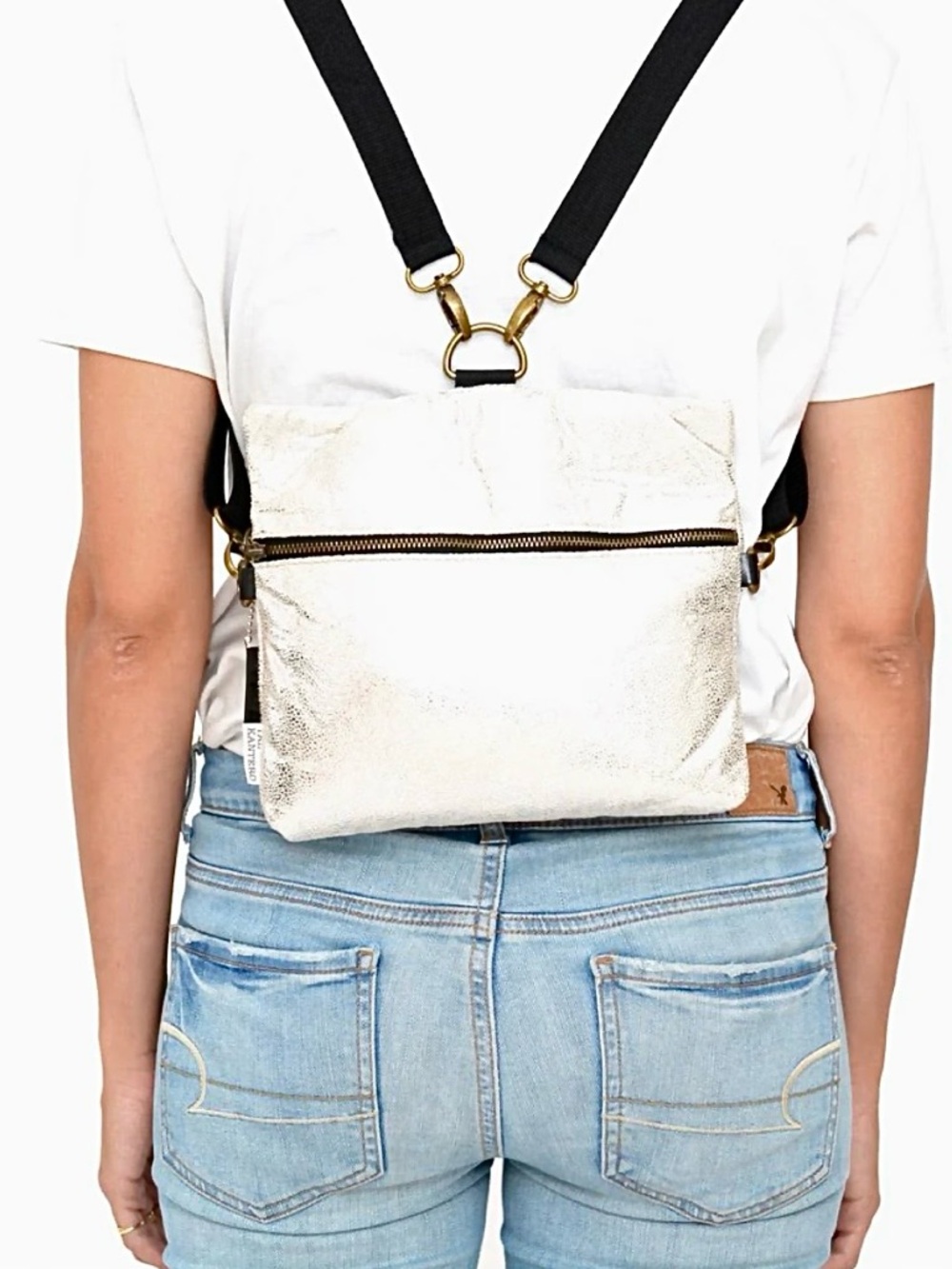 Kantero White Silver Glitter Backpack and Crossbody Bag with Black Straps NWOT